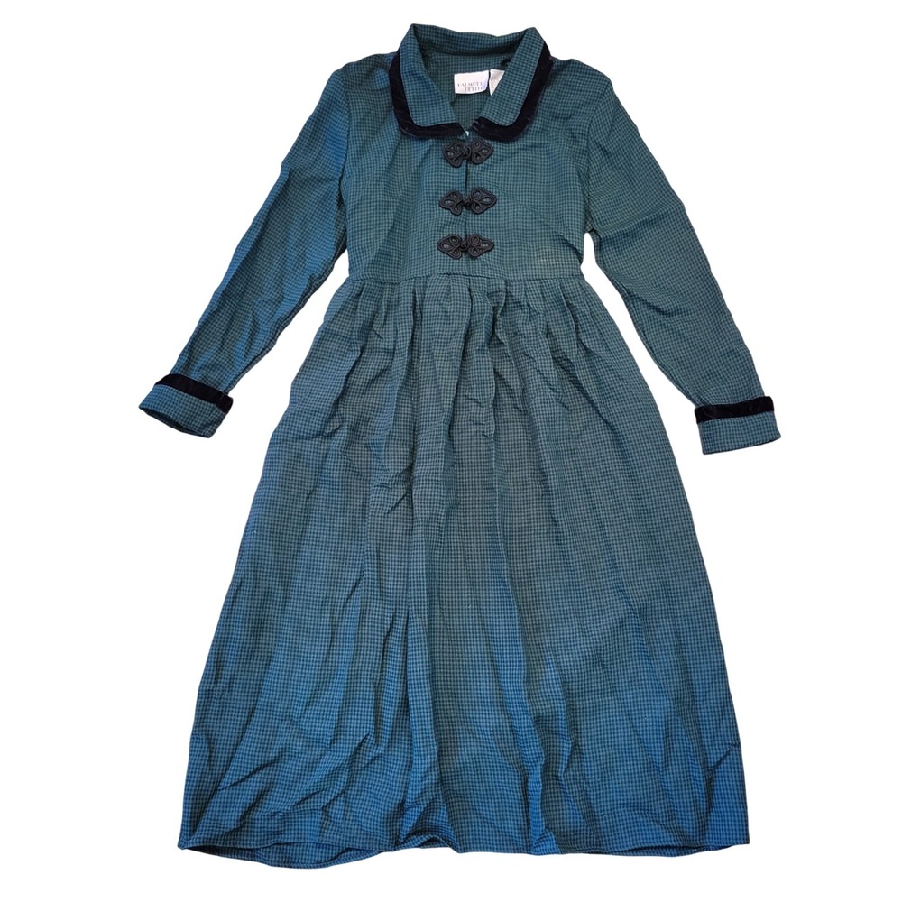Talbotts Petite 8 Green Plaid Velvet‎ Trim Maxi Dress Button Front Long Sleeve